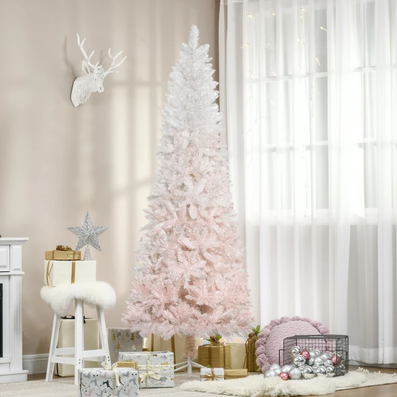 HOMCOM 6ft Pencil Artificial Christmas Tree with Pine Realistic Branches, Auto Open, Pink and White