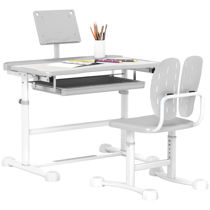 Qaba Height Adjustable Kids Desk and Chair Set with Tilt Desktop, Large Writing Board, Storage Drawer, Book Stand, Grey