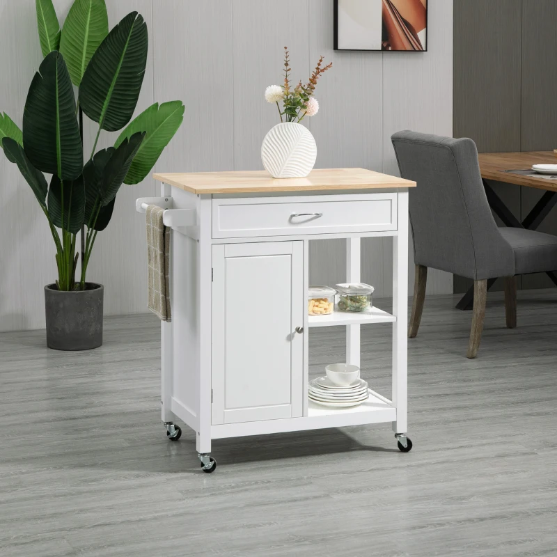 HOMCOM Rolling Kitchen Cart with Wood Top and Drawer, Kitchen Island on Wheels for Dining Room, White