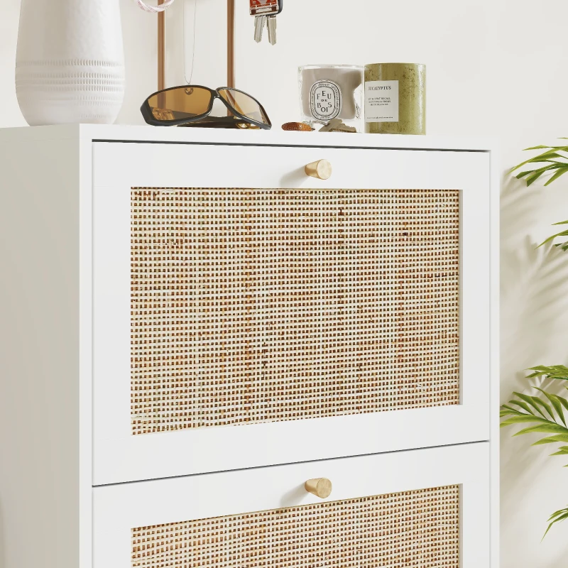 HOMCOM Rattan Shoe Storage Cabinet with 3 Flip Drawers and Adjustable Shelves, Entryway Shoe Cabinet for 18 Pairs, White