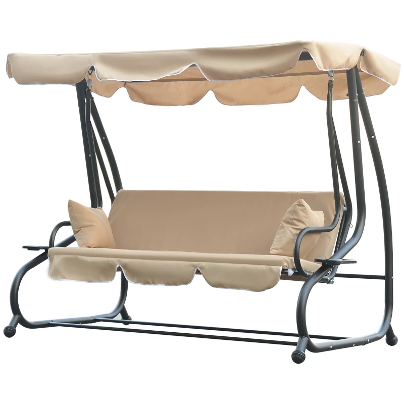 Outsunny 3-Seat Outdoor Patio Swing Chair, 2-in-1 Convertible Flat Bed, Canopy Swing with Adjustable Shade, Removable Cushions, Cup Holder, Beige