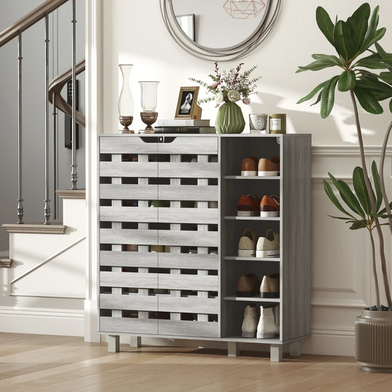 HOMCOM Shoe Cabinet, 21 Pair Shoe Storage Cabinet Organizer with 5-tier Double Door Cabinet and 5-tier Open Shelves, Light Grey