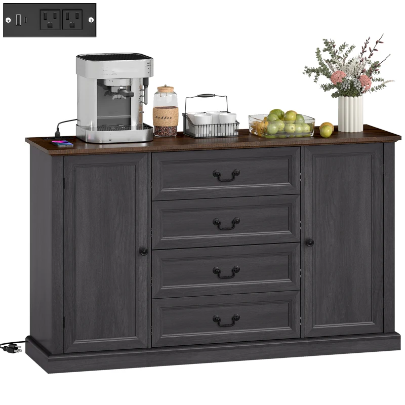 HOMCOM Farmhouse Sideboard with Charging Station, 58" Buffet Cabinet, Kitchen Storage Cabinet with 4 Drawers, 2 Doors, Black