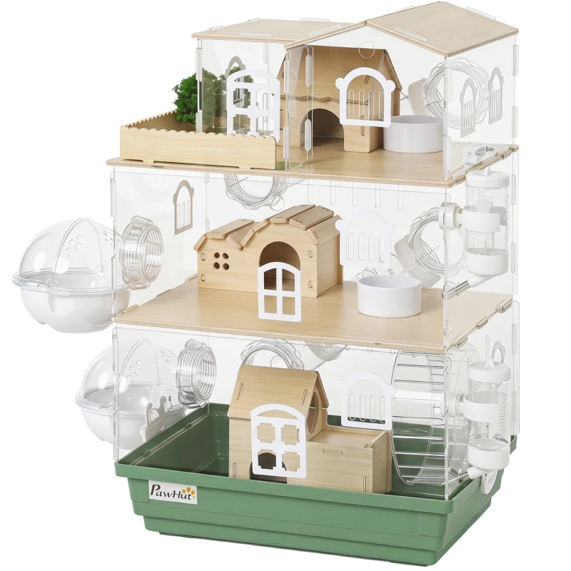 PawHut Large Hamster Cage, 3 Tiers Acrylic Hamster Habitat with Water Bottles, Running Wheel for Pet Mice, Dwarf Hamster