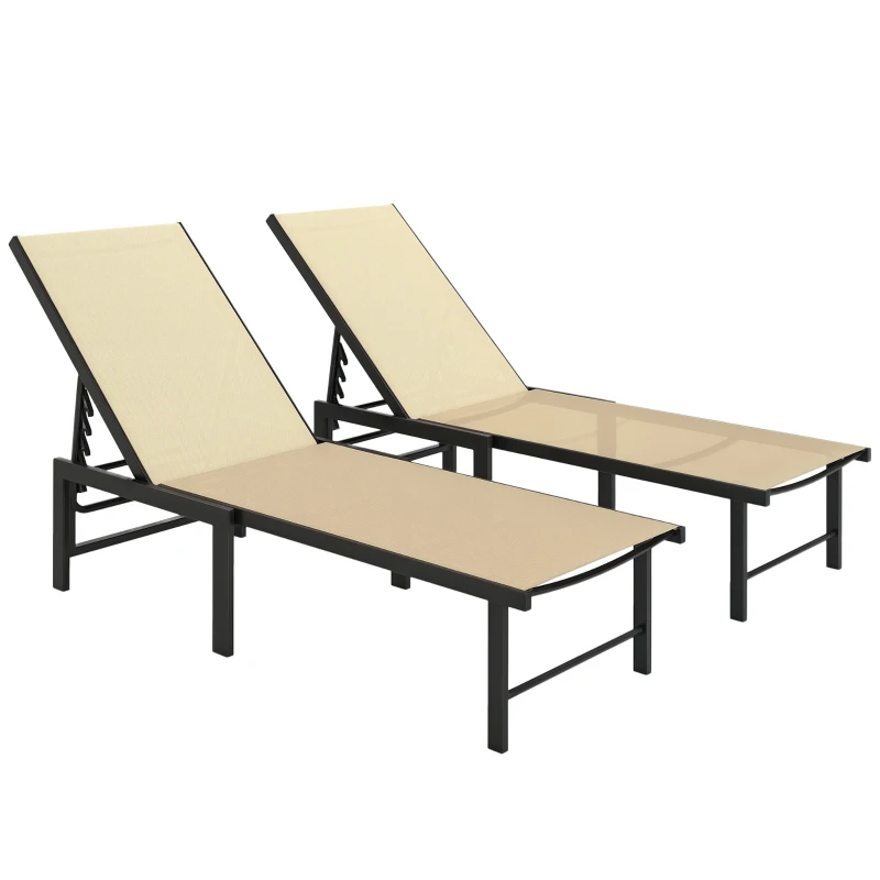 Outsunny Outdoor Lounge Chair Set of 2, 5-Position Reclining Outdoor Chaise Lounge Tanning Chair with Mesh Seat, Khaki