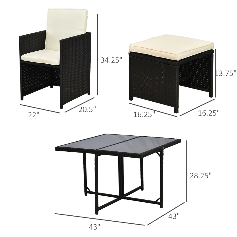 Outsunny 9 Pieces Outdoor Dining Set for 8, Space Saving Wicker Chairs and Square Glass Table with Cushions and Ottomans, Rattan Conversation Patio Furniture Set for Garden, Black/Cream White