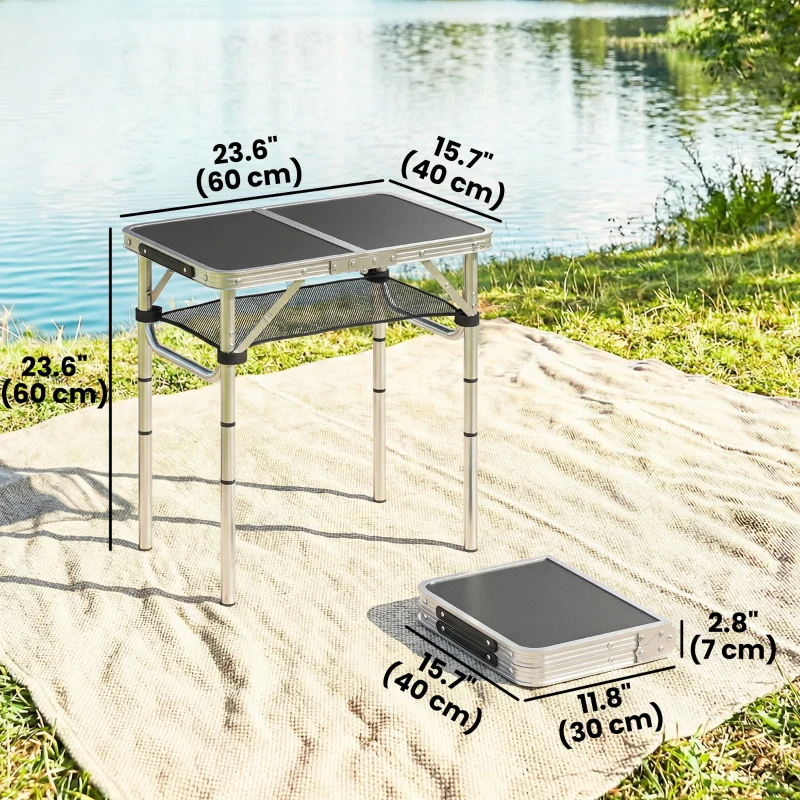Outsunny 2ft Folding Camping Table, Picnic Table with Mesh Storage Layer, 4 Adjustable Heights and Carrying Handle, Black