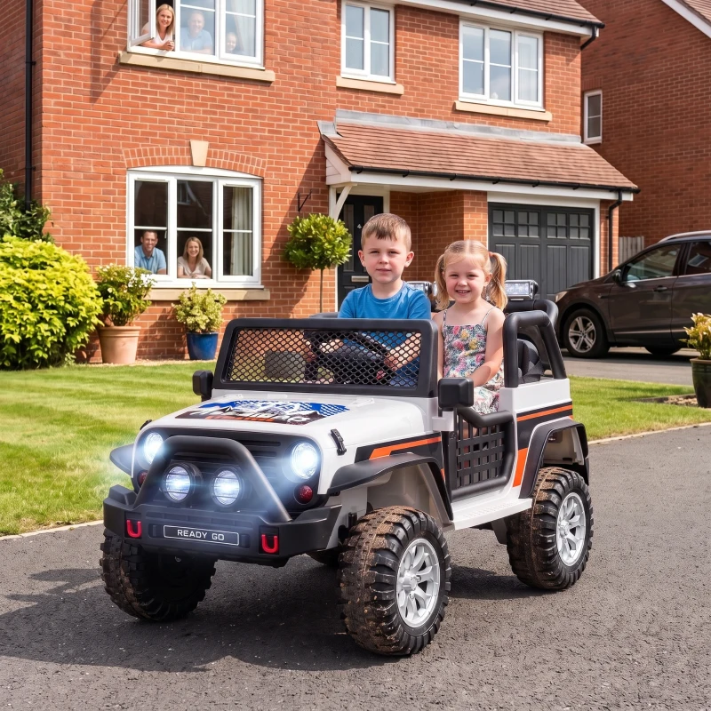 Qaba 12V 2-Seater Ride on Truck Car with Dual Motors, Remote, Soft Start, 4-Wheel Suspension, Lights, Music, USB, Horn, White