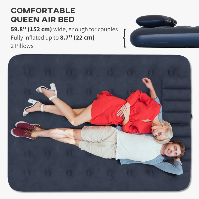 Outsunny Queen Size Air Mattress Camping Air Bed with 2 Pillows and Hand Pump, Blue