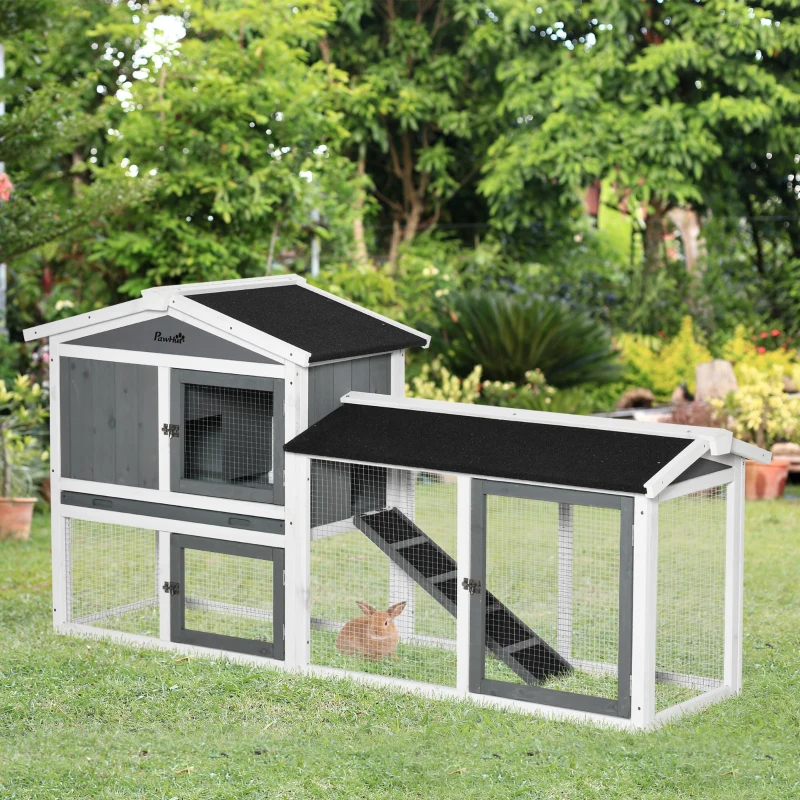 PawHut Wooden Rabbit Hutch with Run, Tray, Ramp for 1-3 Rabbits, Guinea Pigs, White