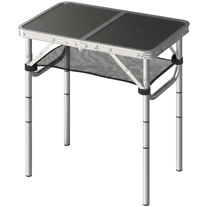 Outsunny 2ft Folding Camping Table, Picnic Table with Mesh Storage Layer, 4 Adjustable Heights and Carrying Handle, Black