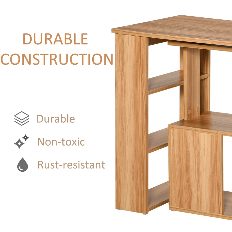 HOMCOM L Shaped Desk, 360° Rotating Corner Desk, Computer Writing Table Workstation with Storage Shelf for Home Office, Maple Brown