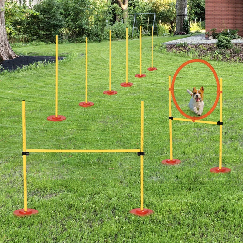 PawHut 3PCs Portable Pet Agility Training Obstacle Set for Dogs w/ Adjustable Weave Pole, Jumping Ring