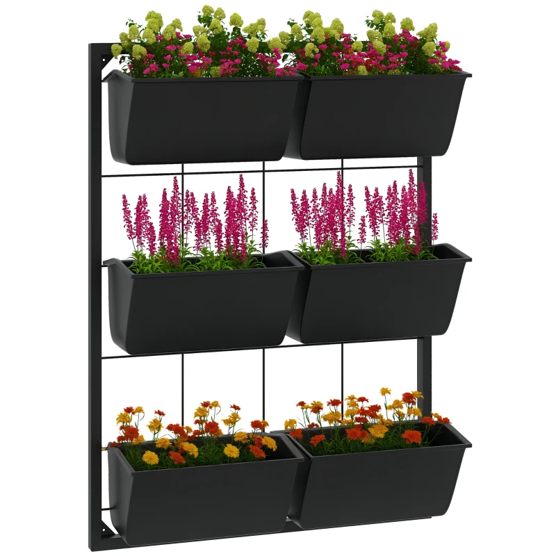 Outsunny 3-Tier Hanging Planter with 6 Pots for Indoor and Outdoor Use, Wall Planter, Self Draining & Wall Mounted, Black