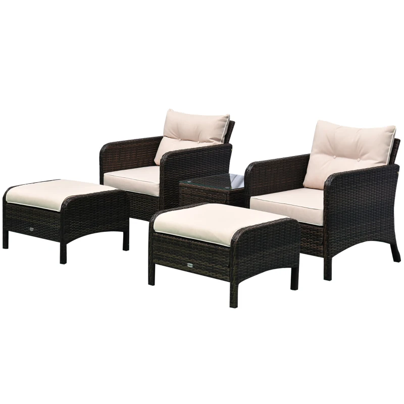 Outsunny 5 Pieces Rattan Wicker Lounge Chair Outdoor Patio Conversation Set with 2 Cushioned Chairs, 2 Ottomans and Tempered Glass Top Coffee Table