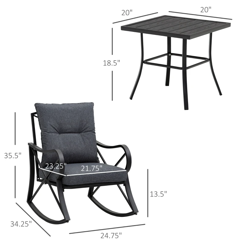 Outsunny 3-Piece Patio Bistro Set Outdoor Rocking Coffee Table Chair Set with Curved Base, Soft Cushions, Steel Frame, Black