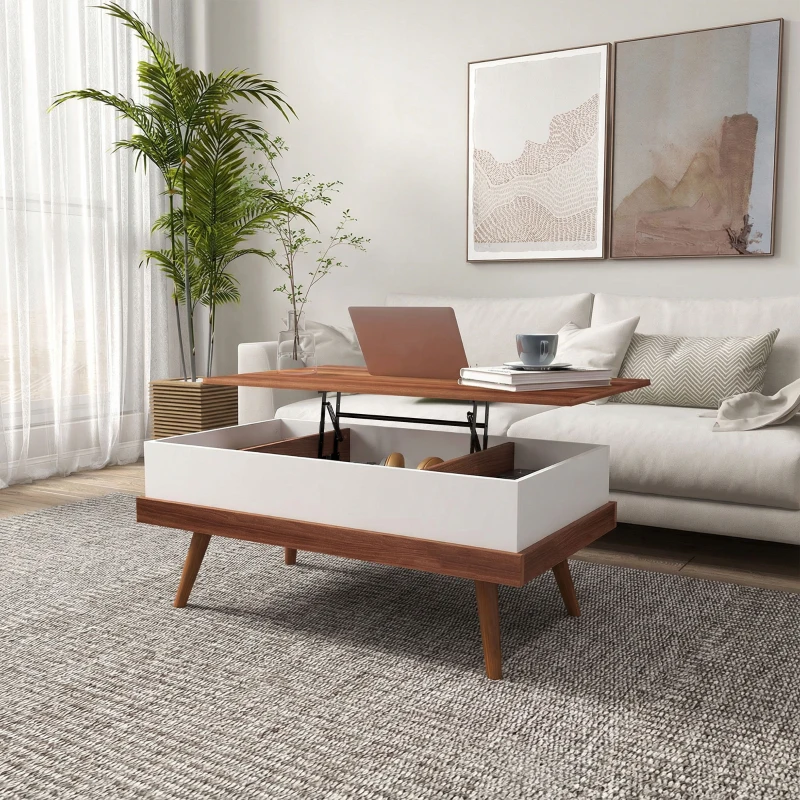 HOMCOM Lift Top Coffee Table with Hidden Compartments and Wood Legs, Walnut