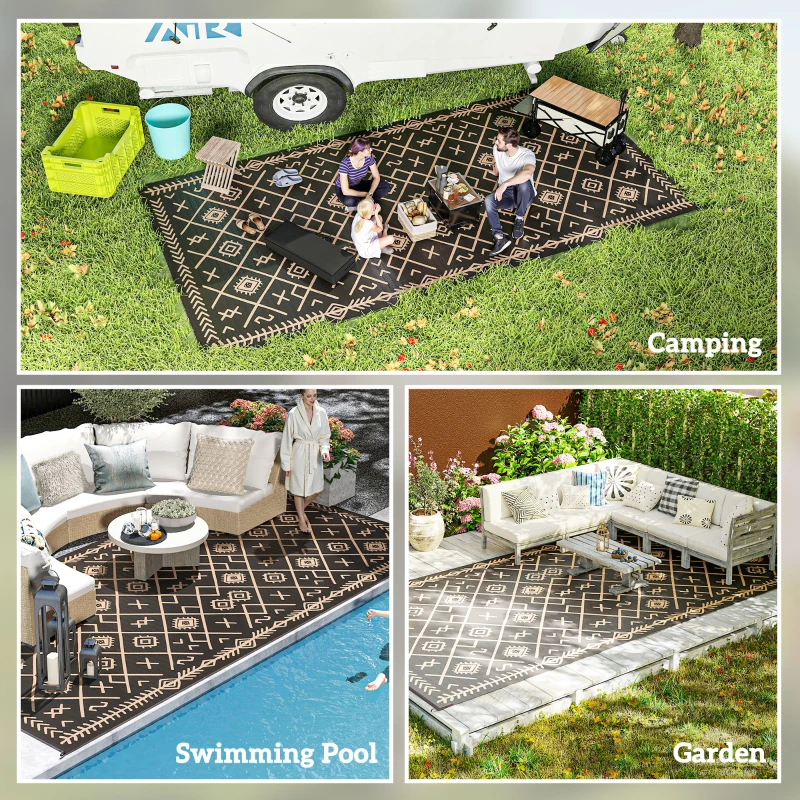 Outsunny Reversible Outdoor Rug, Waterproof Plastic Straw with Carry Bag, 9' x 18', Black & Brown Rhombus