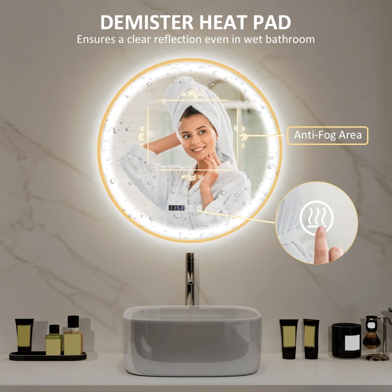 HOMCOM 28" Round Bathroom Mirror with LED Lights, Wall Mounted Vanity Mirror with Anti-Fog Pad, Time and Temp Display, Gold