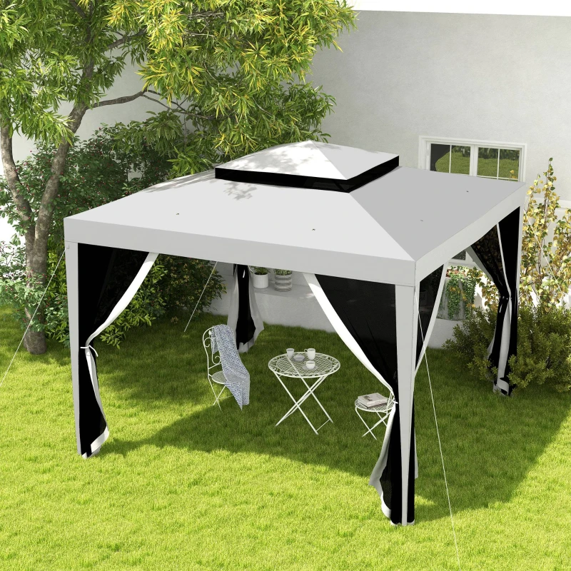Outsunny 10' x 10' Outdoor Canopy Tent Party Tent with Mesh Netting and Double Tier Roof for Backyard, Garden, Patio, Grey