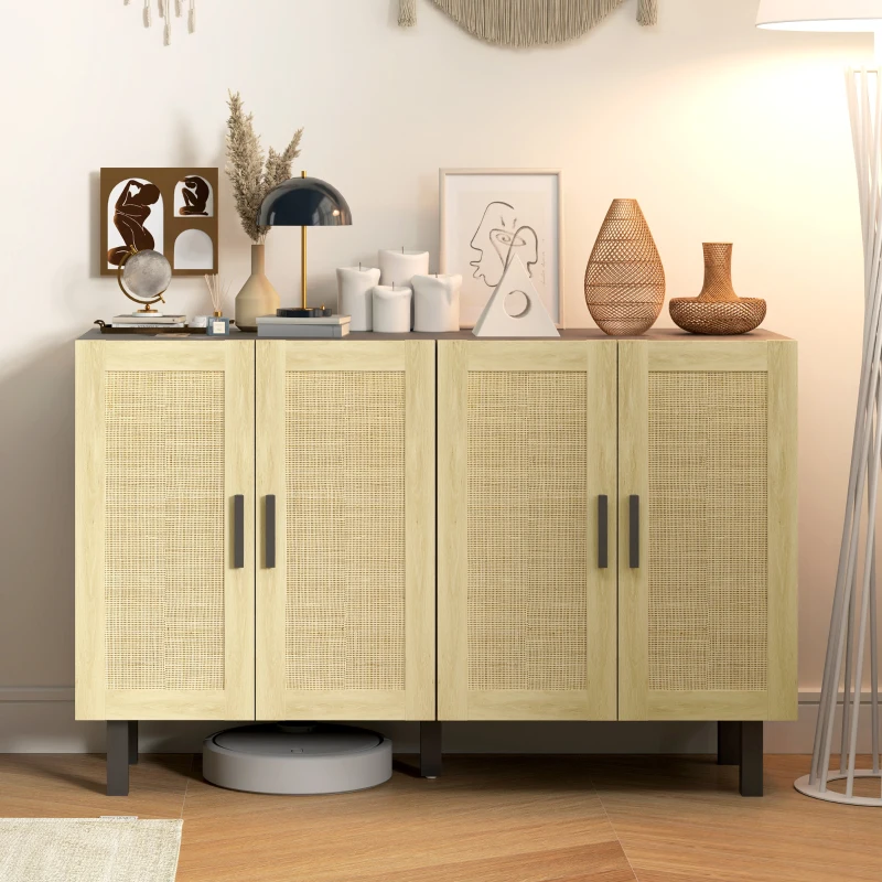 HOMCOM Boho Kitchen Cabinet, Buffet Cabinet with 4 Rattan Doors and Adjustable Shelves for Dining Room, Black and Natural