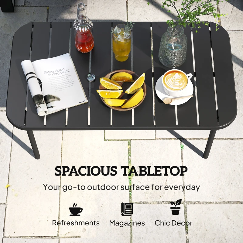 Outsunny Outdoor Coffee Table, All-Weather Rectangle Metal Patio Coffee Table with Slatted Tabletop for Outside