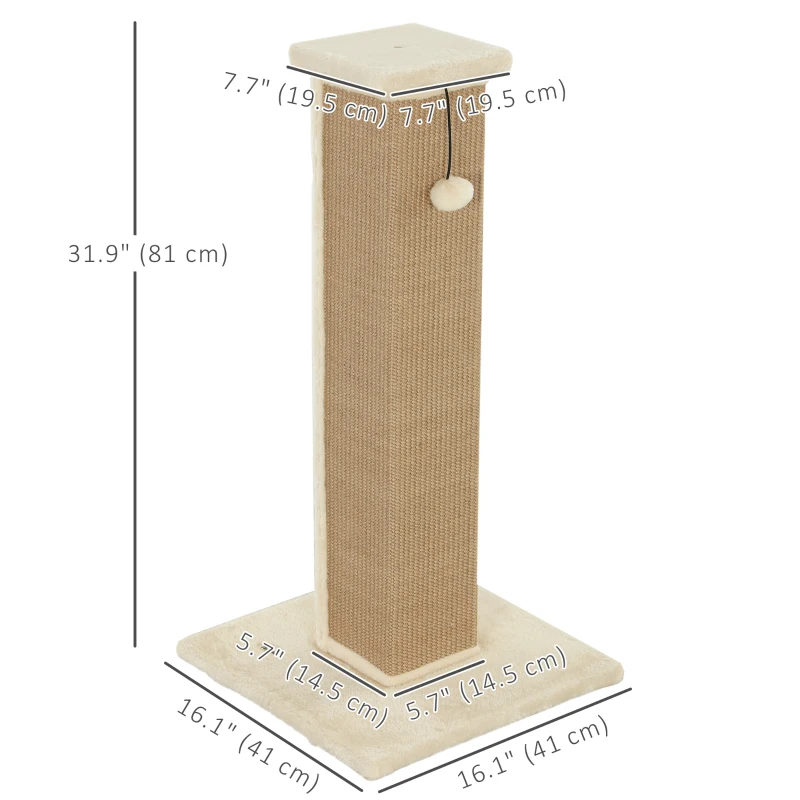 PawHut 32" Tall Cat Scratching Post for Indoor Cats and Kittens, Sisal Cat Scratcher with Hanging Ball Soft Plush, Beige
