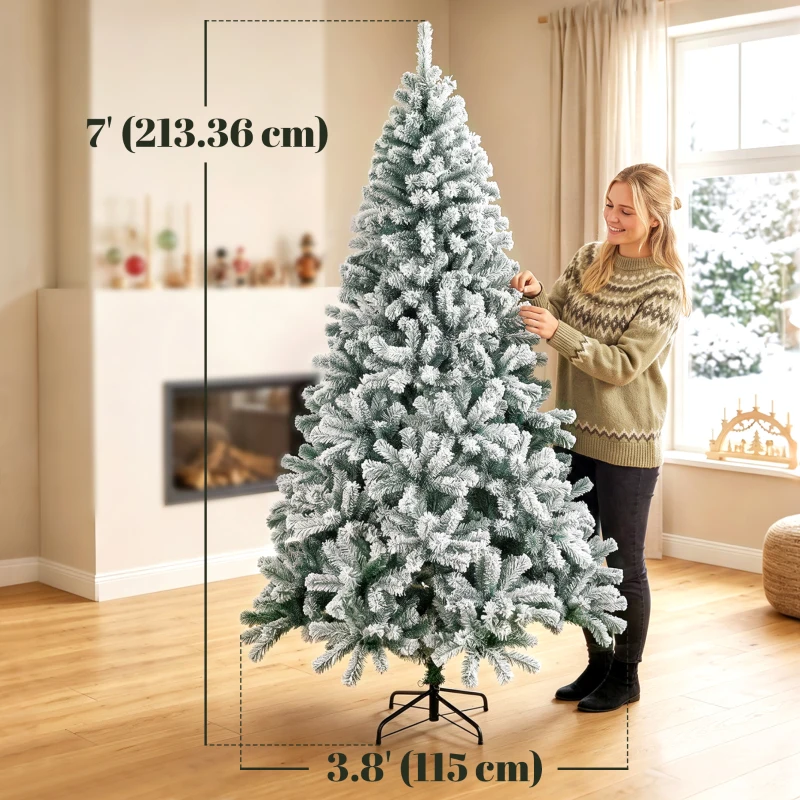 HOMCOM 7ft Snow Flocked Christmas Tree with 1000 Branch Tips, Hinged Design, Artificial Fir Xmas Tree, Green and White