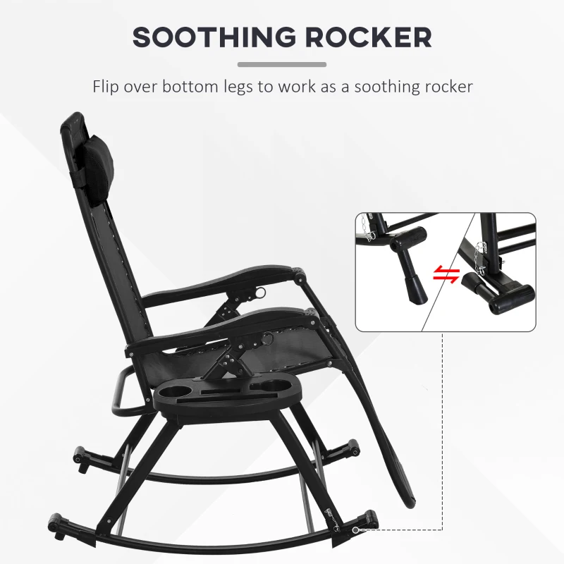 Outsunny 2 Outdoor Rocking Chairs Foldable Reclining Zero Gravity Lounge Rockers w/ Pillow Cup & Phone Holder, Black