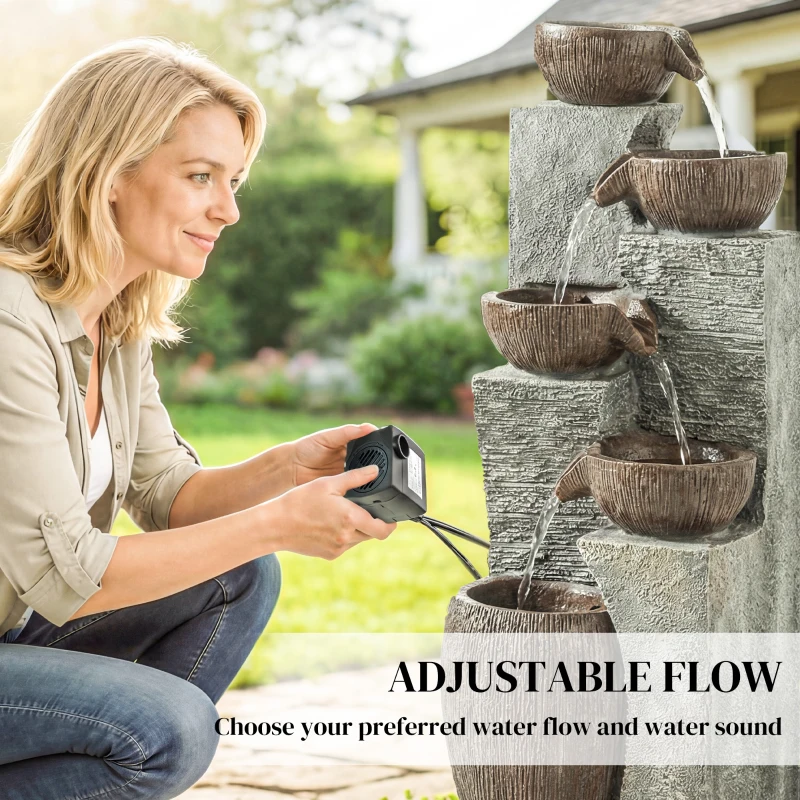 Outsunny Outdoor Cascading Rock Water Fountain, 5-Tier Waterfall Feature with LED Lights, Adjustable Flow, Grey and Rustic Brown