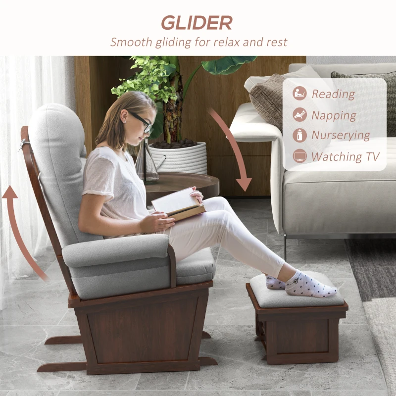 HOMCOM Rocking Chair Set with Ottoman, Nursery Glider Rocker with Footrest, Padded Cushion Seating and Wood Base, Light Gray