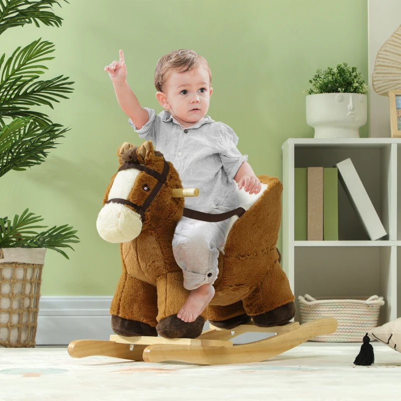 Qaba Baby Rocking Horse, Kids Ride-on with Sound, Wooden Base & Safety Belt for Ages 18-36 Months, Brown