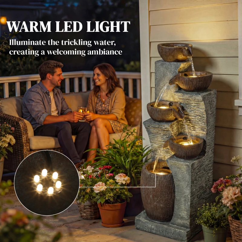 Outsunny Outdoor Cascading Rock Water Fountain, 5-Tier Waterfall Feature with LED Lights, Adjustable Flow, Grey and Rustic Brown