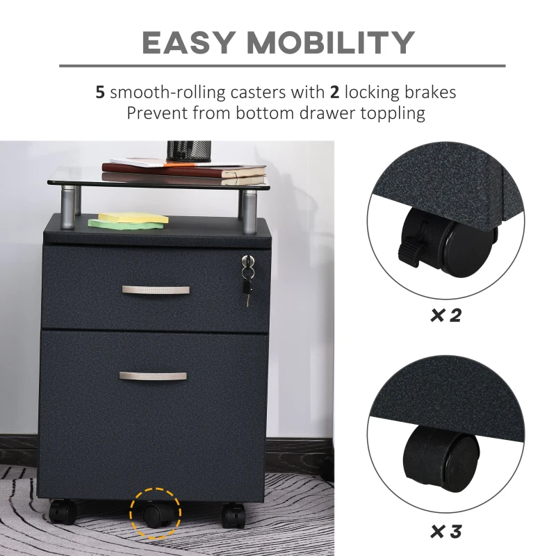HOMCOM 2 Drawer Filing Cabinet with Lock, Vertical File Cabinet with Wheels, Mobile Office Cabinet for Letter, A4 Size Files, Black