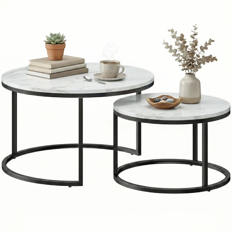 HOMCOM Modern Coffee Table Set of 2, Nesting Side Tables w/ Metal Base for Living Room Bedroom Office Marble White