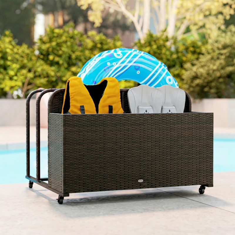 Outsunny PE Rattan Pool Float Storage Organizer with Wheels, Mixed Brown