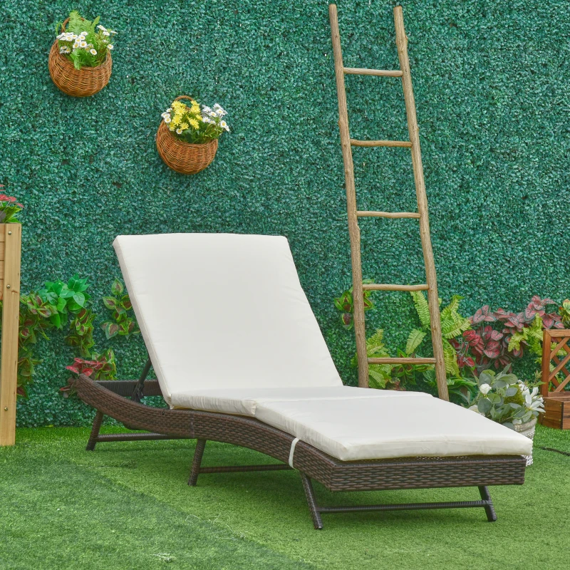 Outsunny Patio Chaise Lounge, Pool Chair with 5 Position Adjustable Backrest & Cushion, Outdoor PE Rattan Wicker Sun Tanning Seat, 28", Brown