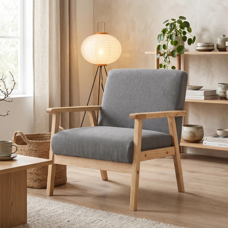 HOMCOM Minimalistic Accent Chairs Wood Frame w/ Thick Linen Cushions Wide Seat Armchair for Bedroom Office, Grey