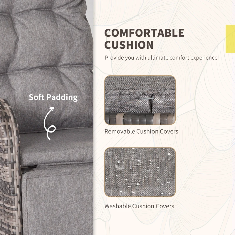 Outsunny 3 PC Rattan Wicker Conversation Patio Set with Side Coffee Table and Adjustable Backrest, Grey
