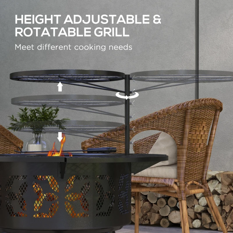 Outsunny Wood Burning Fire Pit Charcoal BBQ Grill, Portable Firepit with Adjustable Grill Grate, Pan and Poker, 33", Black