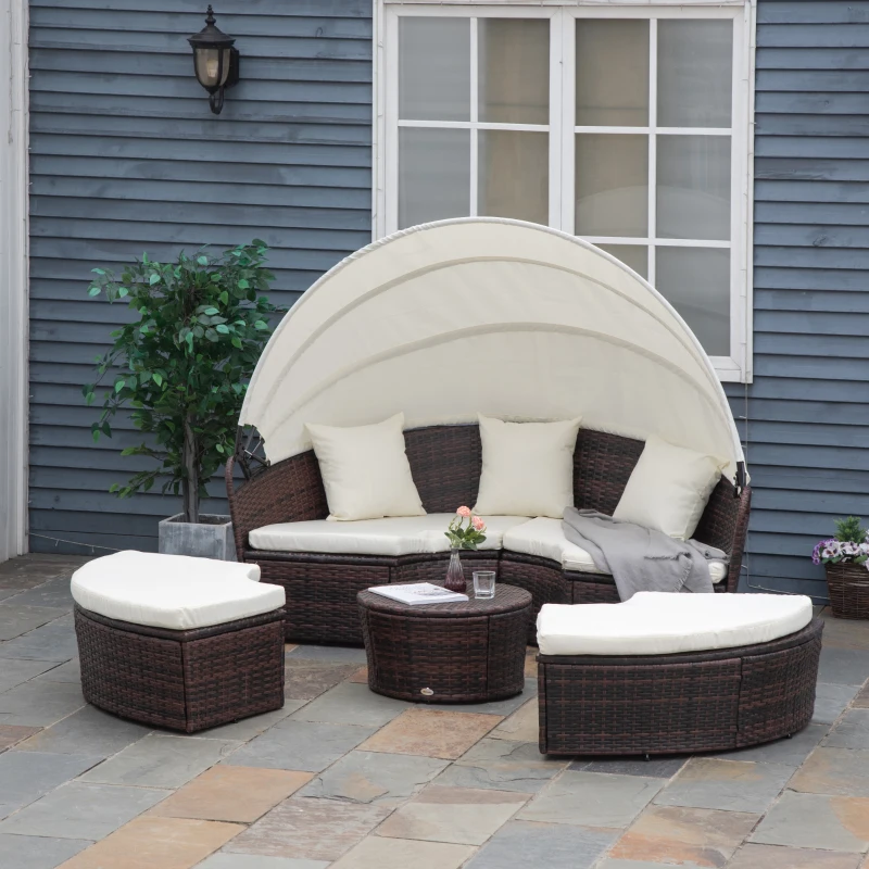 Outsunny 4pc Rattan Patio Furniture Set, Round Convertible Daybed or Sunbed, Adjustable Sun Canopy, Sectional Outdoor Sofa, 2 Chairs, Table, 3 Pillows, PE Plastic Wicker, Beige