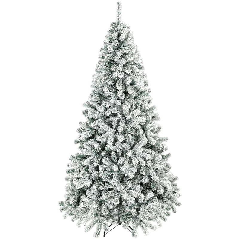 HOMCOM 7ft Snow Flocked Christmas Tree with 1000 Branch Tips, Hinged Design, Artificial Fir Xmas Tree, Green and White