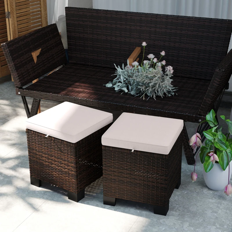 Outsunny 2 Piece Wicker Outdoor Ottomans with Cushions, Rattan Ottoman Footrest and Side Table for Patio, Yard, Poolside, Cream