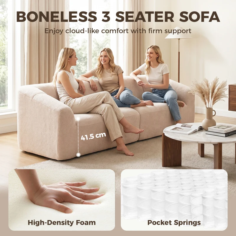 HOMCOM 3 Seater Sofa, Chenille Boneless Cloud Couch with Spring Cushion, Wide and Deep Seat, Beige