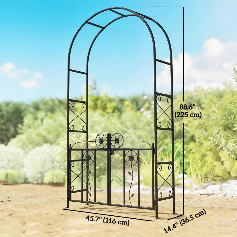 Outsunny 7.4 ft Garden Arch, Outdoor Trellis Arbor with Gate for Climbing Plants, Wedding Arch, Black