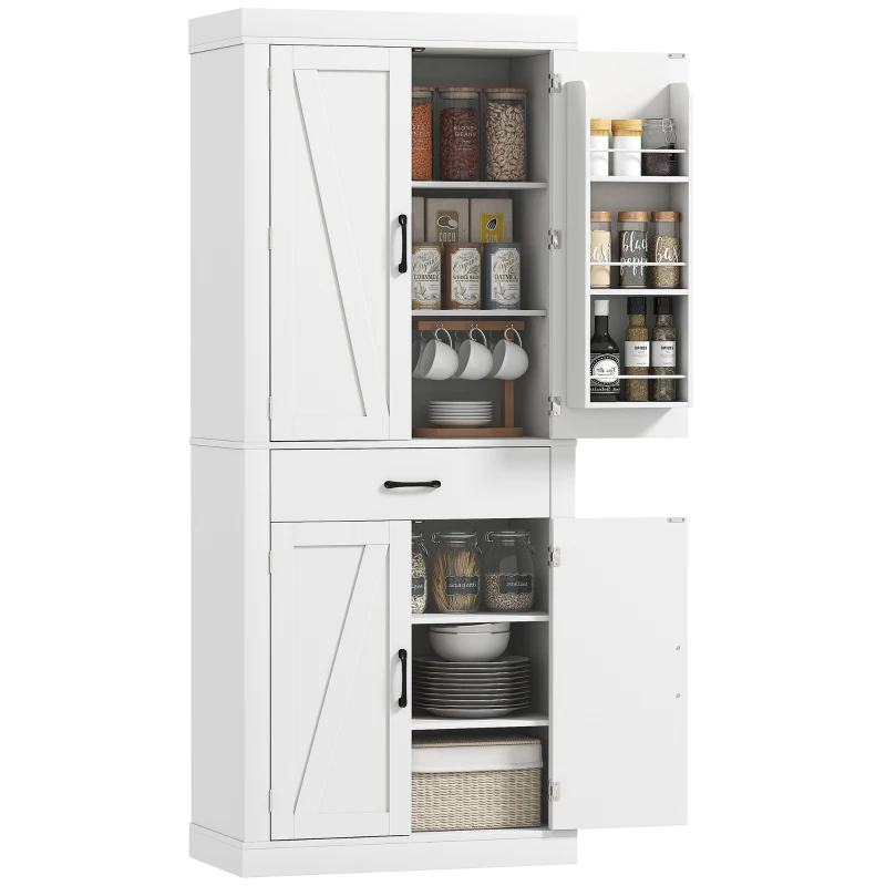 HOMCOM 72" Kitchen Pantry Cabinet, Farmhouse Kitchen Storage Cabinet with 4 Barn Doors, 6 Door Shelves, Drawer, White