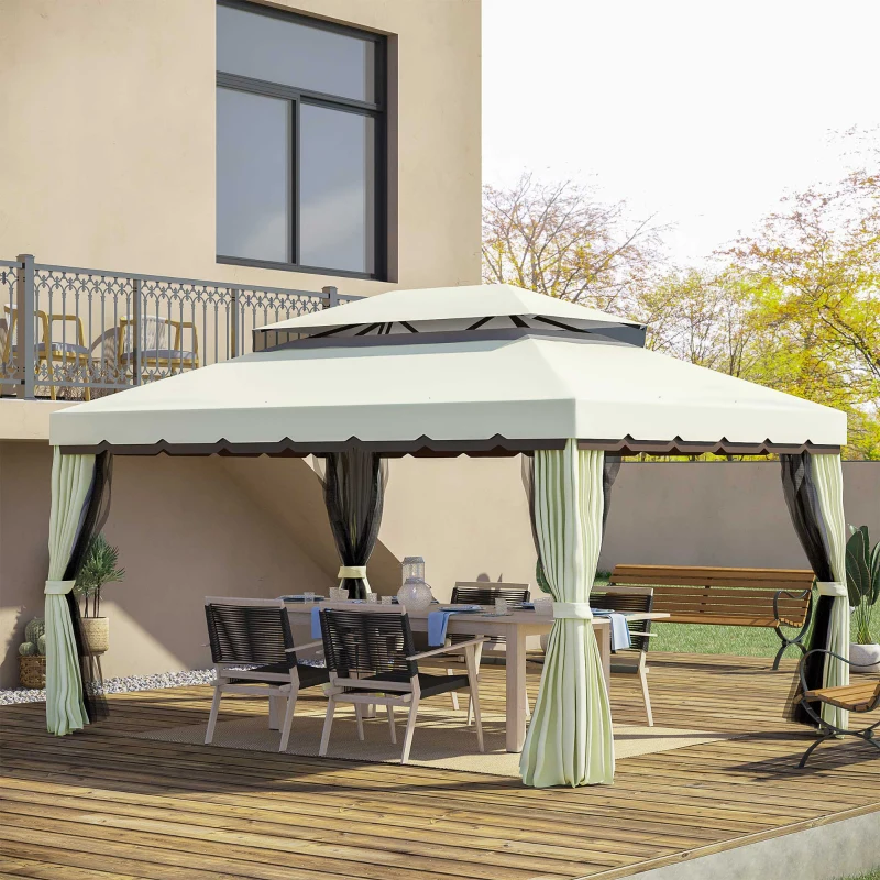 Outsunny 9.5' x 13' Patio Gazebo, Aluminum Frame Double Roof Outdoor Gazebo Canopy Shelter with Netting & Curtains, Cream White