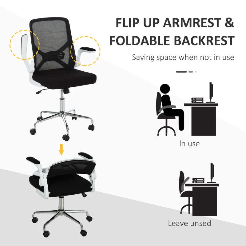 Vinsetto Ergonomic Mesh Office Chair Rocking Swivel Computer Task Desk Chair with Folding Backrest, Lumbar Support, Flip-up Arms and Adjustable Height, Black