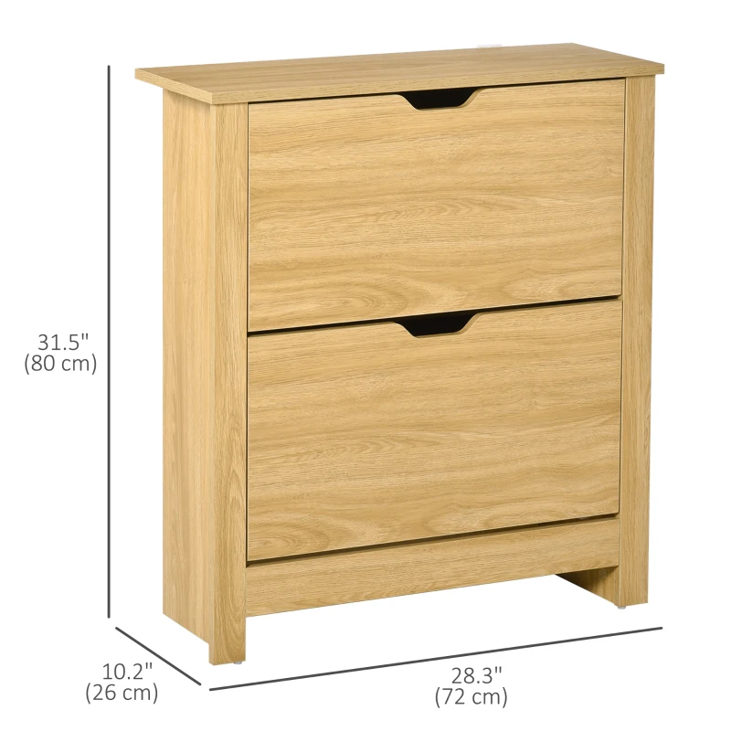 HOMCOM Shoe Storage Cabinet with 2 Flip Drawers and Adjustable Shelves for 8–12 Pairs of Shoes, Natural Wood