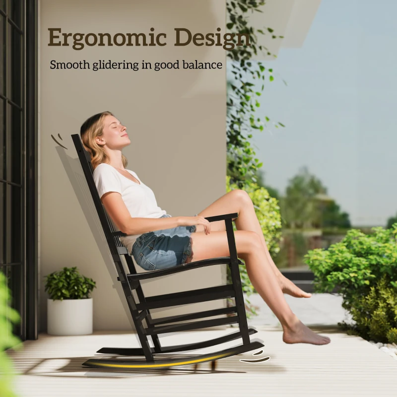 Outsunny Outdoor Rocking Chair, Wooden Rustic High Back All Weather Rocker, Slatted for Indoor, Backyard & Patio, Black